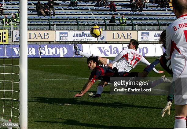 Daniele Conti of Cagliari scoring the goal during the Serie A match between Cagliari Calcio and AS Bari at Stadio Sant'Elia on February 14, 2010 in...