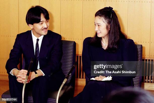 Prince Fumihito and his fiancee Kiko Kawashima attend a press conference after their engagement is officially announced at the Akasaka Palace on...