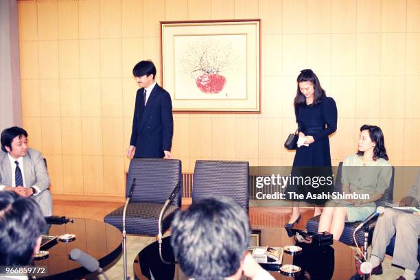 Prince Fumihito and his fiancee Kiko Kawashima attend a press conference after their engagement is officially announced at the Akasaka Palace on...