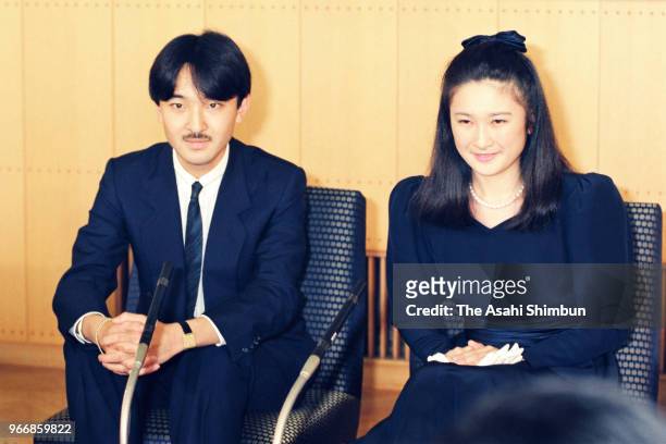 Prince Fumihito and his fiancee Kiko Kawashima attend a press conference after their engagement is officially announced at the Akasaka Palace on...
