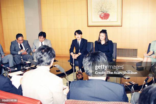 Prince Fumihito and his fiancee Kiko Kawashima attend a press conference after their engagement is officially announced at the Akasaka Palace on...