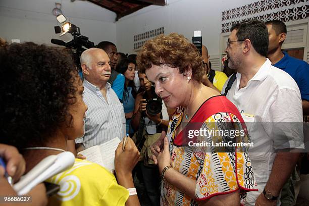 Chieff of Staff Dilma Rousseff speaks with the press at Ile Aiye seat for their parade on February 13, 2010 in Salvador, Bahia.