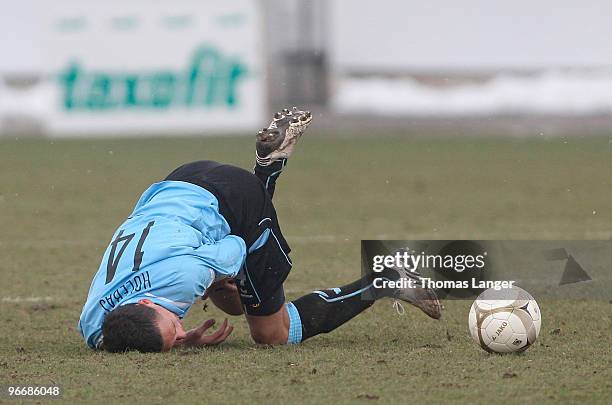 Jose Holebas of Muenchen stumbles during the 2nd Bundesliga match between SpVgg Greuther Fuerth and TSV 1860 Muenchen at the Playmobil Stadium on...