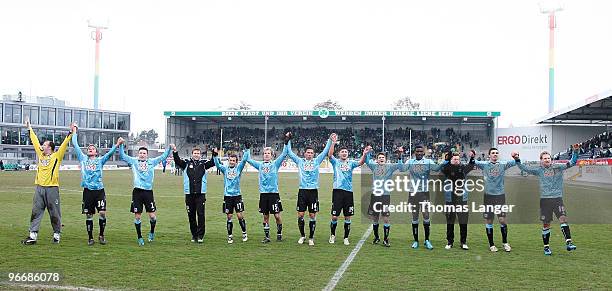 Players of Muenchen celebrate after winning the 2nd Bundesliga match between SpVgg Greuther Fuerth and TSV 1860 Muenchen at the Playmobil Stadium on...