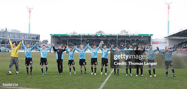 Players of Muenchen celebrate after the 2nd Bundesliga match between SpVgg Greuther Fuerth and TSV 1860 Muenchen at the Playmobil Stadium on February...