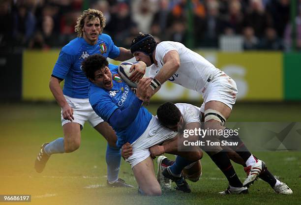 Alessandro Zanni of Italy is tackled by James Haskell of England during the RBS 6 Nations match between Italy and England at Stadio Flaminio on...