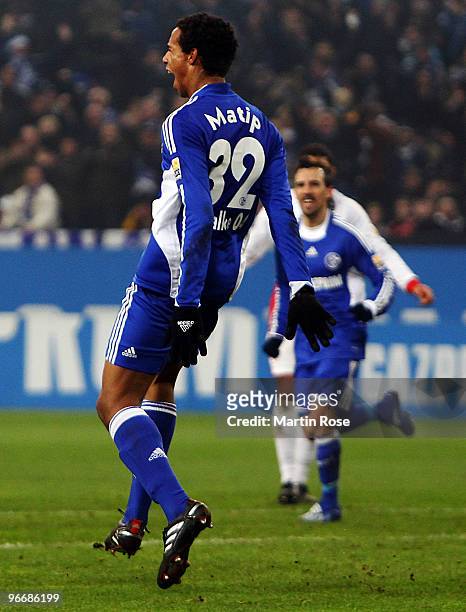 Joel Matip of Schalke celebrates after he scores his team's first goal during the Bundesliga match between FC Schalke 04 and 1. FC Koeln at the...