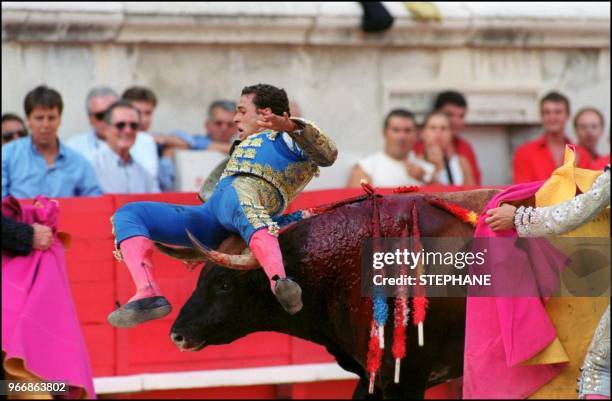 Nimes feria, bullfighter Antonio Ferrera gets a "ride".
