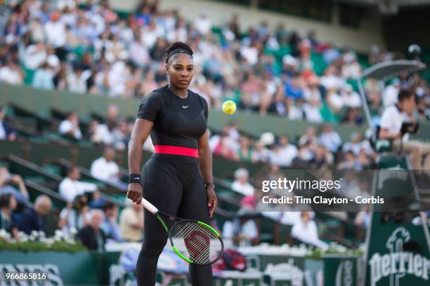 May 31. French Open Tennis Tournament - Day Five. Serena Williams of the United States in action against Ashleigh Barty of Australia on Court...