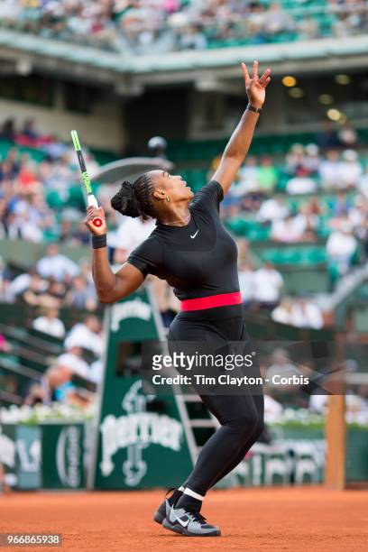 May 31. French Open Tennis Tournament - Day Five. Serena Williams of the United States in action against Ashleigh Barty of Australia on Court...