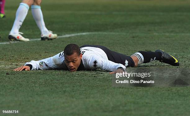 Jonathan Biabiany of Parma shows his dejection during the Serie A match between Parma FC and SS Lazio at Stadio Ennio Tardini on February 14, 2010 in...