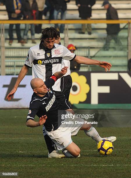 Massimo Paci of Parma competes with Tommaso Rocchi of Lazio during the Serie A match between Parma FC and SS Lazio at Stadio Ennio Tardini on...