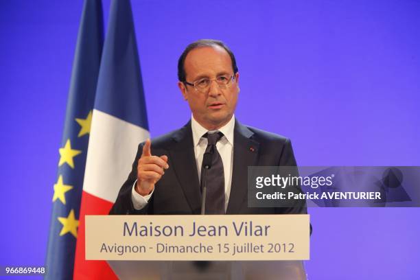French President Francois Hollande at press conference in Jean Vilar house on July 15, 2012 in Avignon, southern France, during a visit at the 66th...