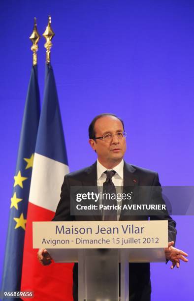 French President Francois Hollande at press conference in Jean Vilar house on July 15, 2012 in Avignon, southern France, during a visit at the 66th...