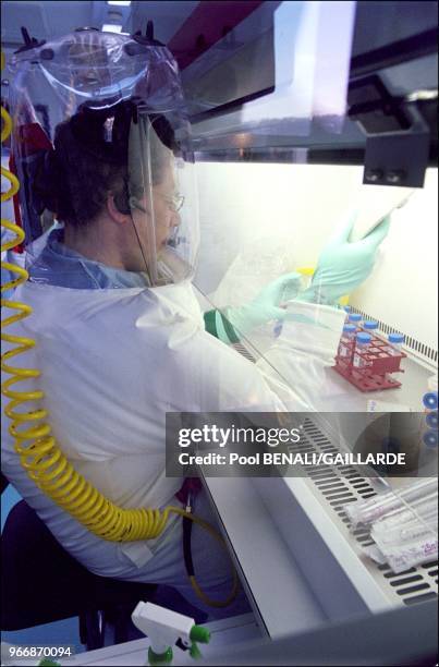 Expert sur le virus Ebola, Viktor Volshkov, professeur russe à l'Université Claude-Bernard de Lyon, travaille sur les virus Ebola dans un liquide de...