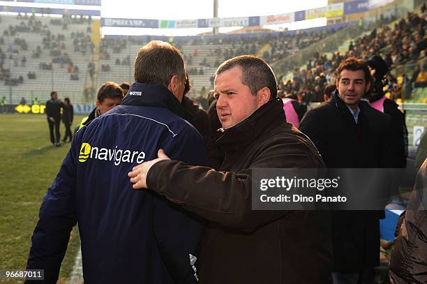 Head coach of Parma Francesco Guidolin and and Tommaso Ghirardi President of Parma before the Serie A match between Parma FC and SS Lazio at Stadio...