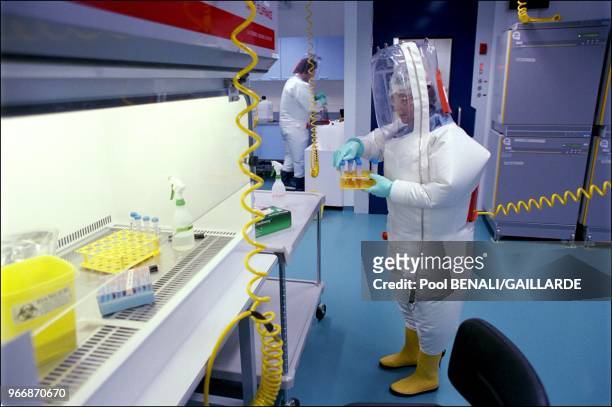 Marie-Claude Georges-Courbot, directrice adjointe, dans la zone chaude du laboratoire en combinaison de protection manipulant des tubes à essai, le...