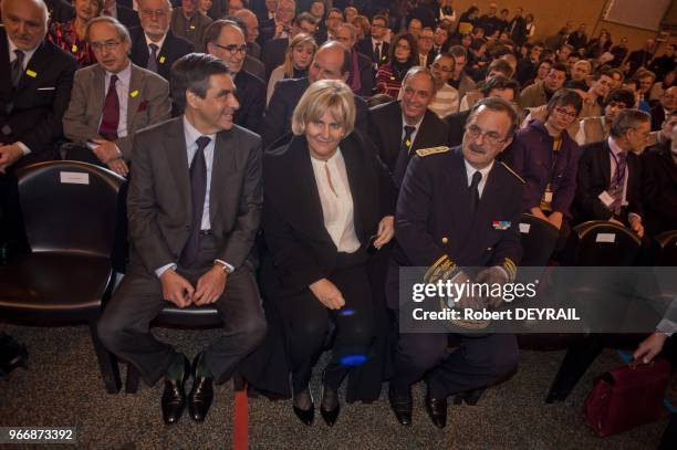 French Prime Minister Francois Fillon and Nadine Morano during the visit at learning institut on January 25, 2012 in Lyon, France.