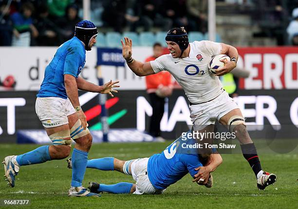 James Haskell of England runs through the Italy defence during the RBS 6 Nations match between Italy and England at Stadio Flaminio on February 14,...
