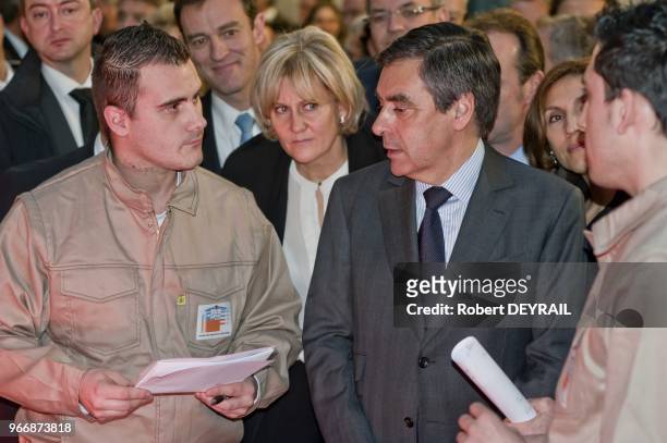 French Prime Minister Francois Fillon and French Minister Nadine Morano during visiting learning institut on January 25, 2012 in Lyon, France.