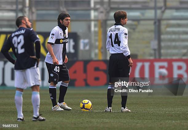 Alberto Paloschi and Daniele Galloppa of Parma during the Serie A match between Parma FC and SS Lazio at Stadio Ennio Tardini on February 14, 2010 in...