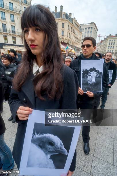 Pour rendre hommage aux animaux morts dans les abattoirs, une centaine de vegans vêtue de noir et portant chacun un portrait d'un animal, a défilé...