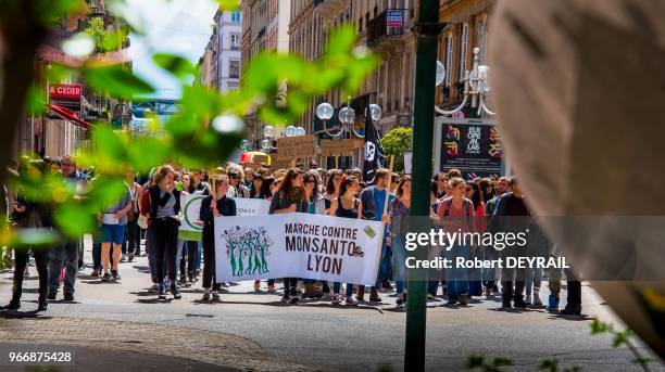 Trois cents personnes ont défilé dans le centre ville lyonnais pour protester contre l'utilisation des semences OGM de la société Monsanto le 20 mai...