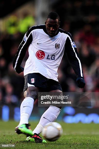 Stefano Okaka Chuka of Fulham shoots and scores the fourth goal of the game during the FA Cup sponsored by E.ON fifth round match between Fulham v...