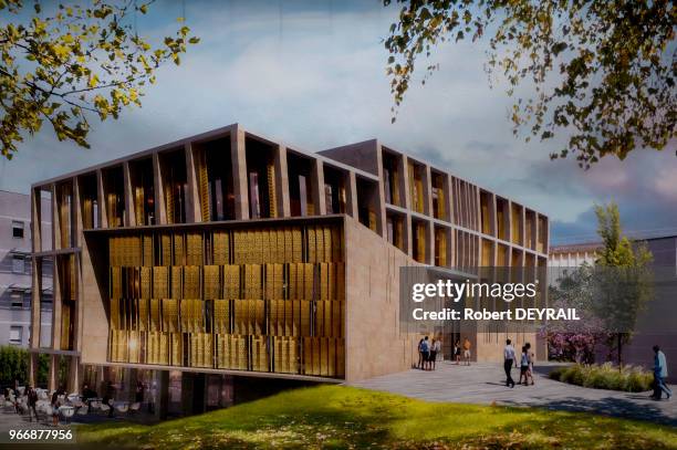 Maquette de l'Institut français de civilisation musulmane , projet longtemps controversé jouxtant la Grande Mosquée de Lyon le 24 novembre 2016,...