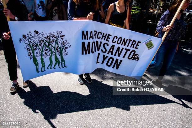Trois cents personnes ont défilé dans le centre ville lyonnais pour protester contre l'utilisation des semences OGM de la société Monsanto le 20 mai...