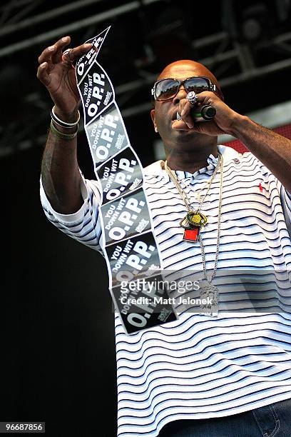 Treach of Naughty by Nature performs on stage at the Perth leg of the Good Vibrations festival at Claremont Showgrounds on February 14, 2010 in...