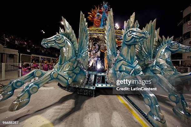 View of of Mocidade Alegre float during the samba school's parade during the second day of Sao Paulo's carnival on February 14, 2010 in Sao Paulo,...