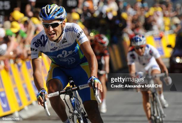 French team leader Cyril Dessel sprints on the finish line, on July 22 at the end of the 157 km sixteenth stage of the 2008 Tour de France cycling...