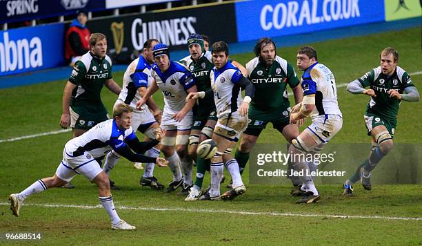 Bath scrum half Michael Claasens passes the ball away from the lineout during the Guinness Premiership match between London Irish and Bath at the...