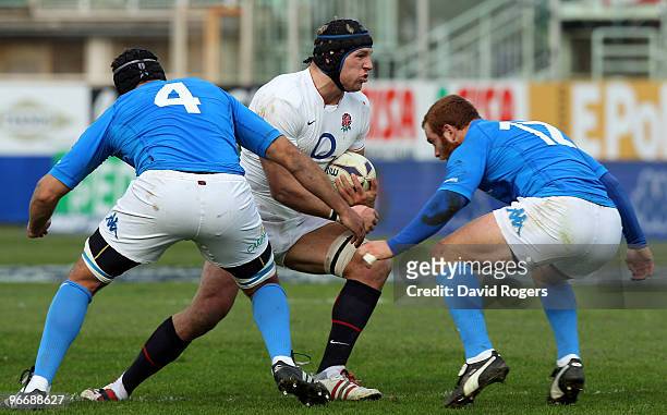 James Haskell of England takes on Gonzalo Garcia and Quintin Geldenhuys of Italy during the RBS Six Nations match between Italy and England at Stadio...