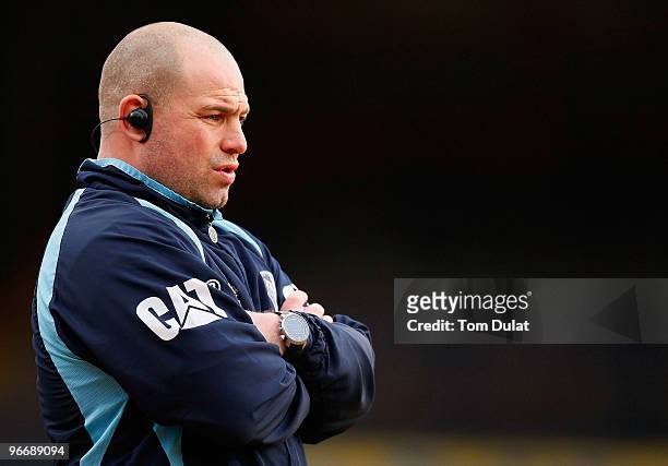 Head coach of Leicester Tigers Richard Cockerill looks on prior to the Guinness Premiership match between Leeds Carnegie and Leicester Tigers at...