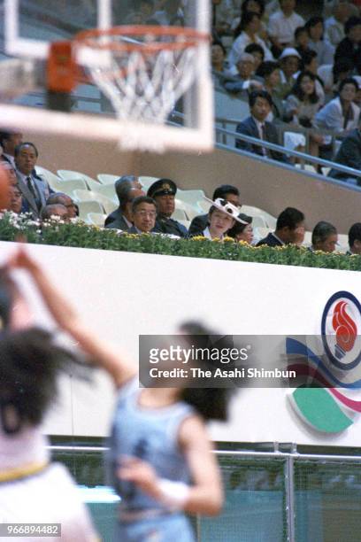 Emperor Akihito and Empress Michiko attend a basketball competition of the 44th National Sports Festival at Makomanai Indoor Stadium on September 18,...
