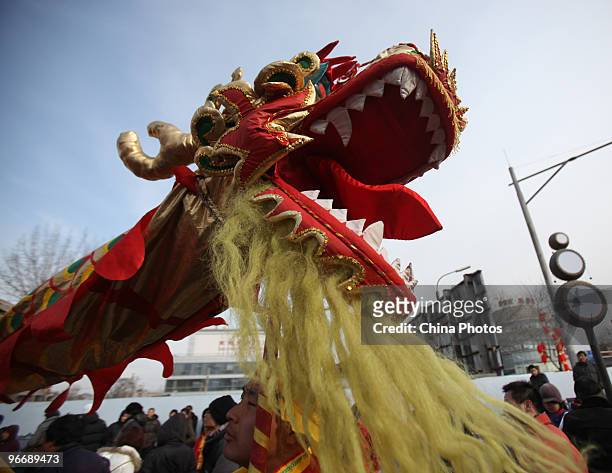 Spectators view Dragon Dance at the Qianmen Avenue during Spring Festival celebrations on February 14, 2010 in Beijing, China. Chinese people are...