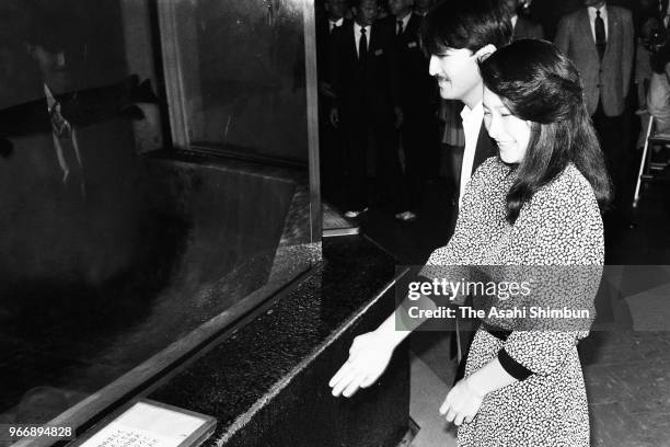 Prince Fumihito and his fiancee Kiko Kawashima visit Aburatsubo Marine Park on September 22, 1989 in Miura, Kanagawa, Japan.