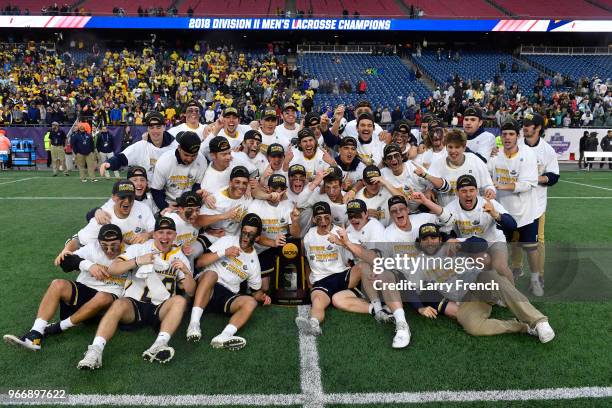 Merrimack College celebrates their victory over Saint Leo University during the Division II Men's Lacrosse Championship held at Gillette Stadium on...