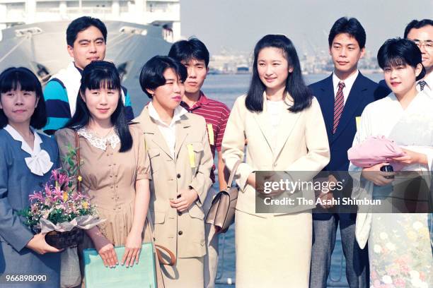 Kiko Kawashima, fiancee of Prince Fumihito sees off the Ship for South East Asian and Japanese Youth Programme at Harumi Pier on September 1, 1989 in...