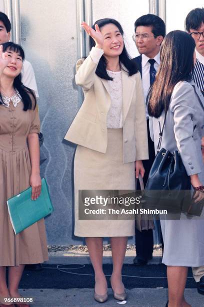 Kiko Kawashima, fiancee of Prince Fumihito waves to see off the Ship for South East Asian and Japanese Youth Programme at Harumi Pier on September 1,...