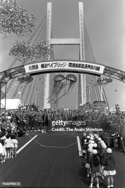 The opening ceremony of the Yokohama Bay Bridge is held on September 27, 1989 in Yokohama, Kanagawa, Japan.