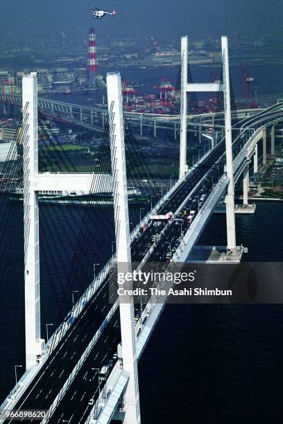 In this aerial image, Yokohama Bay Bridge is seen on September 27, 1989 in Yokohama, Kanagawa, Japan.
