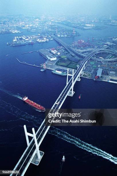 In this aerial image, Yokohama Bay Bridge is seen on September 27, 1989 in Yokohama, Kanagawa, Japan.