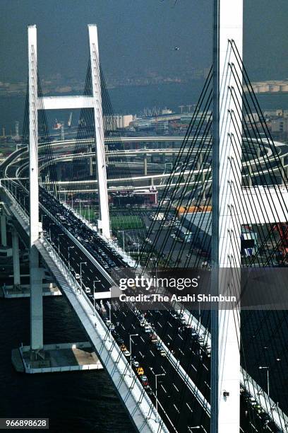 In this aerial image, Yokohama Bay Bridge is seen on September 27, 1989 in Yokohama, Kanagawa, Japan.