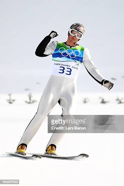 Todd Lodwick of United States celebrates after successfully landing his jump during the Nordic Combined Men's Individual NH on day 3 of the 2010...