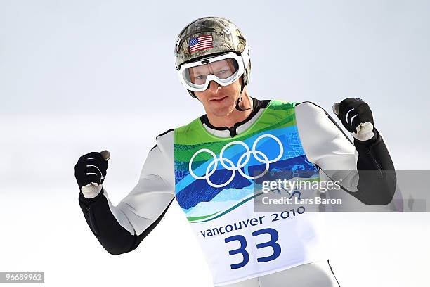 Todd Lodwick of United States celebrates after successfully landing his jump during the Nordic Combined Men's Individual NH on day 3 of the 2010...