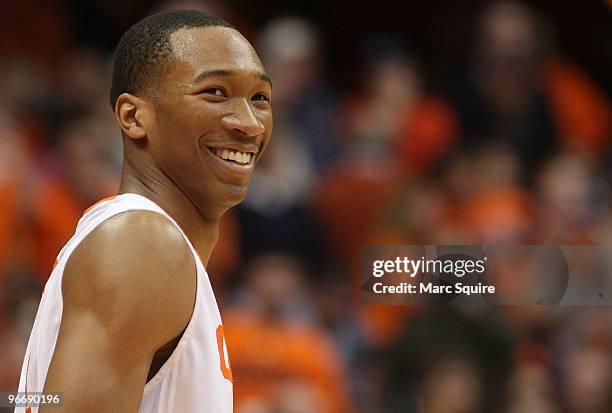 Wesley Johnson of the Syracuse Orange looks on during the game against the Louisville Cardinals at the Carrier Dome on February 14, 2010 in Syracuse,...