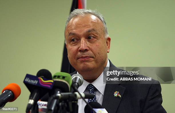 Rafiq al-Husseini, chief of staff for Palestinian president Mahmud Abbas, speaks during a press conference in the West Bank city of Ramallah on...
